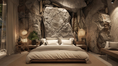 Master bedroom featuring a mountain rock stone wall, adding a touch of luxury and nature-inspired decorの素材