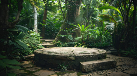 Stone podium in a lush green forest, showcasing cosmetic products in a natural, tropical environmentの素材