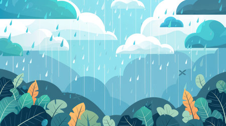 Monsoon season vector in a minimalistic style, with flat design elements showcasing rain and cloudy skiesの素材