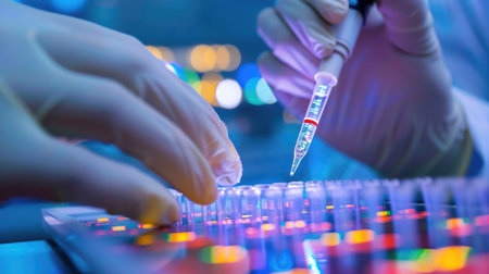 Scientist in a medical lab conducting DNA research, using advanced biotechnology and laboratory equipmentの素材