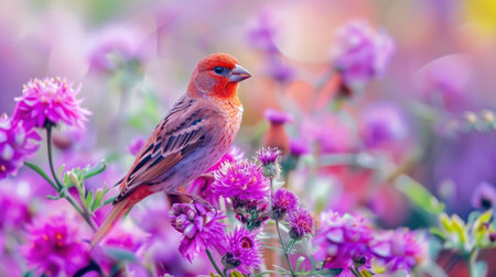 Colorful finch perched on a blooming wildflower, capturing the vibrant essence of springtime in natureの素材