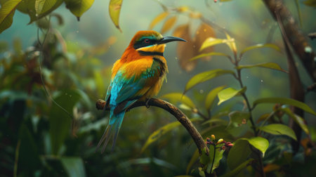 Brightly colored bee-eater perched on a branch, ready to catch insects, surrounded by lush vegetationの素材