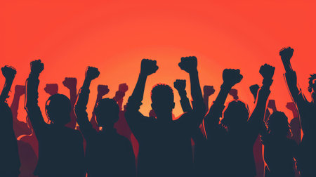 Youth and activists with raised fists, symbolizing protest, change, and social unity in a civil marchの素材