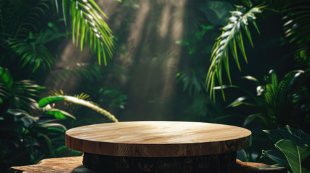 Wooden product display podium in a jungle forest with sunshine shadows, perfect for organic and nature-themed presentationsの素材