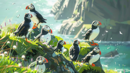 Group of puffins nesting on a grassy cliffside, their colorful beaks and comical behavior capturing the charm of seabirdsの素材