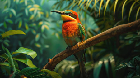 Brightly colored bee-eater perched on a branch, ready to catch insects, surrounded by lush vegetatioの素材