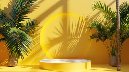 Yellow podium for product display, tropical background with palm leaves, minimal summer scene, 3D beauty mockup, abstract stageの素材