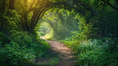 Enchanted forest path under a tree tunnel at sunrise in spring, with soft light illuminating fresh green leaves and flowers along the trailの素材