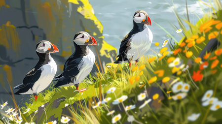 Group of puffins nesting on a grassy cliffside, their colorful beaks and comical behavior capturing the charm of seabirdsの素材