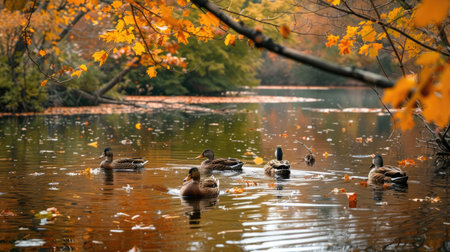 Group of ducks swimming in a tranquil pond surrounded by autumn foliage, creating a picturesque fall sceneの素材