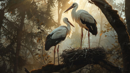 Pair of storks building a nest on a tall tree, their long legs and elegant movements highlighting their unique beautyの素材