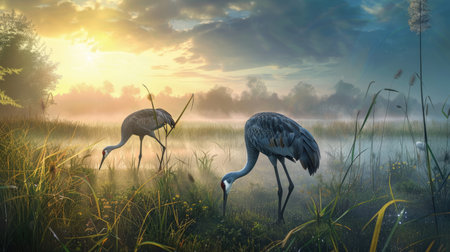 Pair of sandhill cranes feeding in a grassy meadow at dawn, peaceful and serene natural landscapeの素材