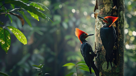 Pair of woodpeckers drumming on a tree in a dense forest, showcasing their vibrant plumage and natural habitatの素材