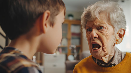 Angry grandmother scolding her crying grandson, exaggerated expressions, intense family momentの素材