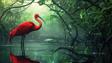 Scarlet ibis wading through a lush mangrove swamp, its bright red plumage contrasting with the green backgroundの素材