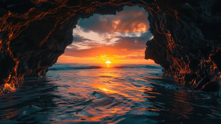 A breathtaking sunset seen from the sea's wave hole, shot from an extreme distance, capturing the vibrant colors and serene atmosphereの素材