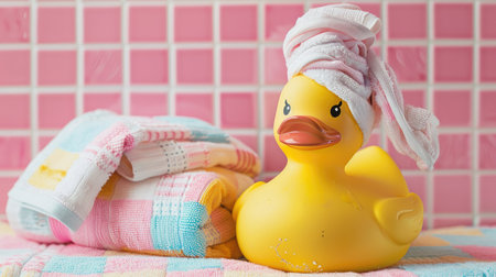A yellow rubber duck with a hair towel on its head, sitting on a pile of preppy pattern towels, set against a colorful pink bathroom tile backgroundの素材