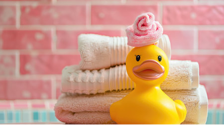 A yellow rubber duck with a hair towel on its head, sitting on a pile of preppy pattern towels, set against a colorful pink bathroom tile backgroundの素材
