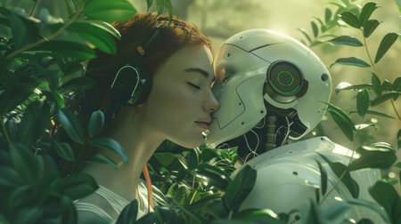 Beauty woman and white robot, sharing a kiss, listening to music, top view amidst lush greenery, relaxation and harmonyの素材