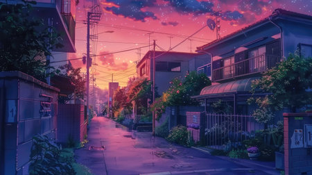 Anime street view at golden hour, vibrant mix of greenery, telephones, buildings, pink and red colors, starsの素材