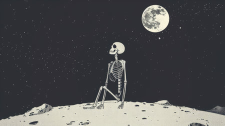 Skeleton on the moon Studio Ghibli style minimalist and whimsical blending simplicity and fantasyの素材