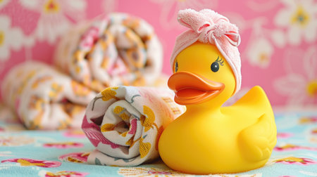 Cute yellow rubber duck wearing a hair towel, sitting on preppy pattern towels, in a colorful and cheerful pink bathroom settingの素材