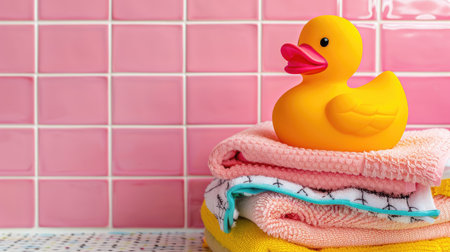 Adorable yellow rubber duck with a hair towel, on top of a pile of preppy pattern towels, against a bright pink bathroom tile backgroundの素材