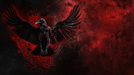 Elegant Celtic Norse knotwork raven, wings open wide in black and red duo tone, with a dark and dramatic backgroundの素材