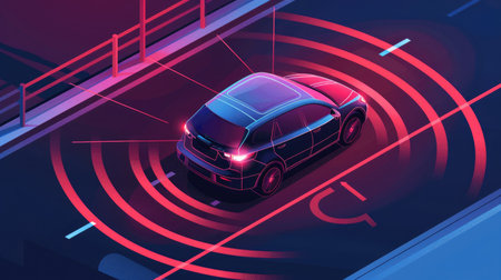 Illustration of a car blind spot detection system, with outlined blind spots, providing a clear and informative visual aidの素材