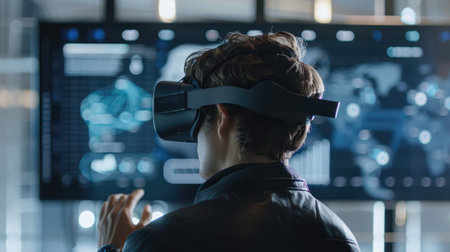 Man in VR headset, viewing a project on an immersive dashboard, showcasing advanced technology and innovationの素材