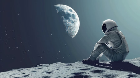Simple, clean background with an astronaut sitting on the moon, minimalist and contemplative space themeの素材