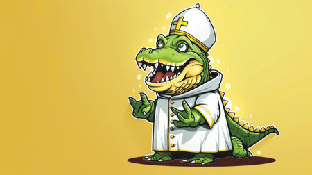 Humorous logo of a crocodile in pope attire, cartoonish caricature, fun and engaging design for unique brandingの素材