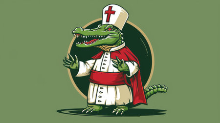 Humorous logo of a crocodile in pope attire, cartoonish caricature, fun and engaging design for unique brandingの素材