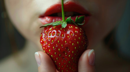 Juicy red strawberry held by natural lips, in a close-up shot that highlights the fruit's freshness and the lips' delicate touchの素材