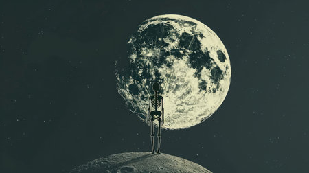 Skeleton on the moon Studio Ghibli style minimalist and whimsical blending simplicity and fantasyの素材