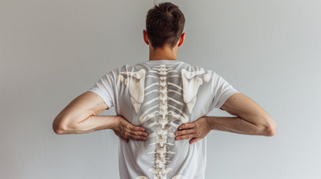 Man with back pain, focusing on the spine and gray bone outlines, hands holding his back, space for text, light gray backgroundの素材