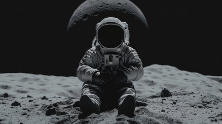 Minimalist depiction of an astronaut on the moon, sitting against a clean background, highlighting isolationの素材