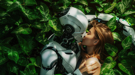 Woman kissing a white robot, top view, both relaxing with music in a lush green setting, tech meets natureの素材