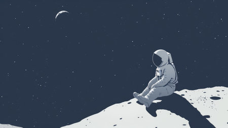 Simple, clean background with an astronaut sitting on the moon, minimalist and contemplative space themeの素材
