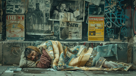 Sleeping homeless man wrapped in a blanket, old political posters nearby, portraying the harsh conditions and neglect faced in the cityの素材