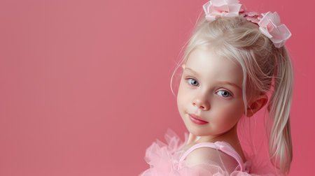 Pink ballerina costume on a cute white-haired girl, with suitable space for text captions, set against a lively backgroundの素材
