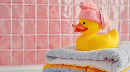 Yellow rubber duck with a hair towel, perched on a stack of preppy pattern towels, with a vibrant preppy pink bathroom tile backdropの素材