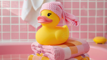 Yellow rubber duck with a towel on its head, sitting on a stack of preppy pattern towels, in a fun and colorful pink bathroom sceneの素材