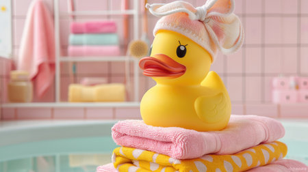 Yellow rubber duck with a towel on its head, sitting on a stack of preppy pattern towels, in a fun and colorful pink bathroom sceneの素材