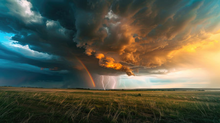Storm clouds with a rainbow and distant lightning, striking landscape view, dramatic weather sceneの素材