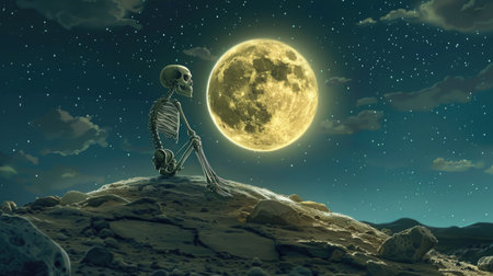 Studio Ghibli inspired skeleton on the moon, minimalist and magical, serene and whimsical moonlit sceneの素材