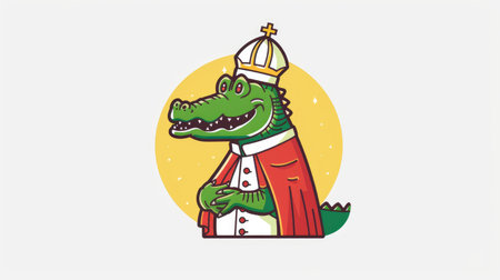 Playful cartoon logo featuring a crocodile dressed as a pope, vibrant and whimsical caricature styleの素材