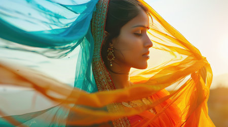 Young Indian woman gracefully moves, her colorful veil flowing around her, vibrant and dynamic cultural expressionの素材