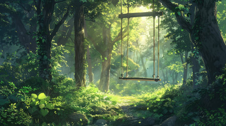 Anime wallpaper of swing in forest, surrounded by lush greenery, peaceful and serene natureの素材