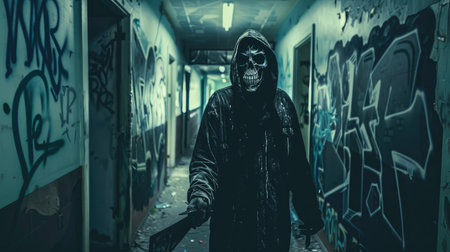 Dark corridor with graffiti walls, where a hooded figure in a skull mask holds a large knife, creating an intimidating and eerie sceneの素材